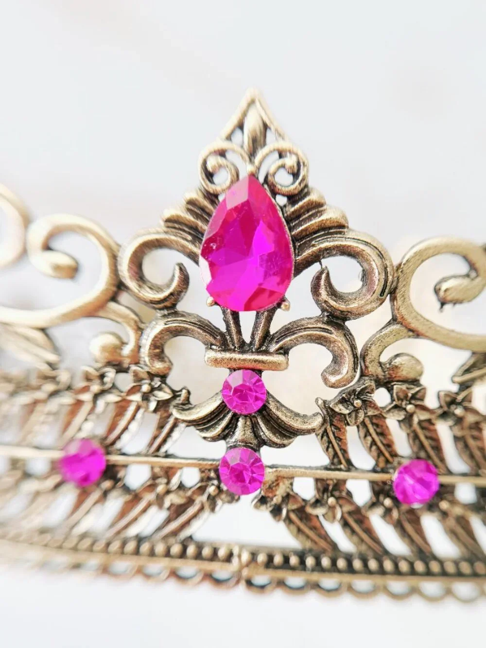 Vintage Style Gold Lion Crown with Hot Pink Crystals, Royal King Queen Headpiece